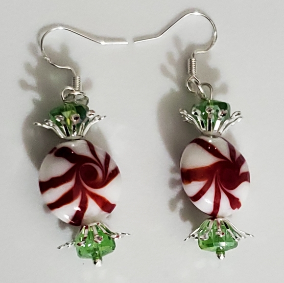 Glass lampwork candy peppermint earrings swavorski crystal 925 sterling silver - Picture 3 of 13